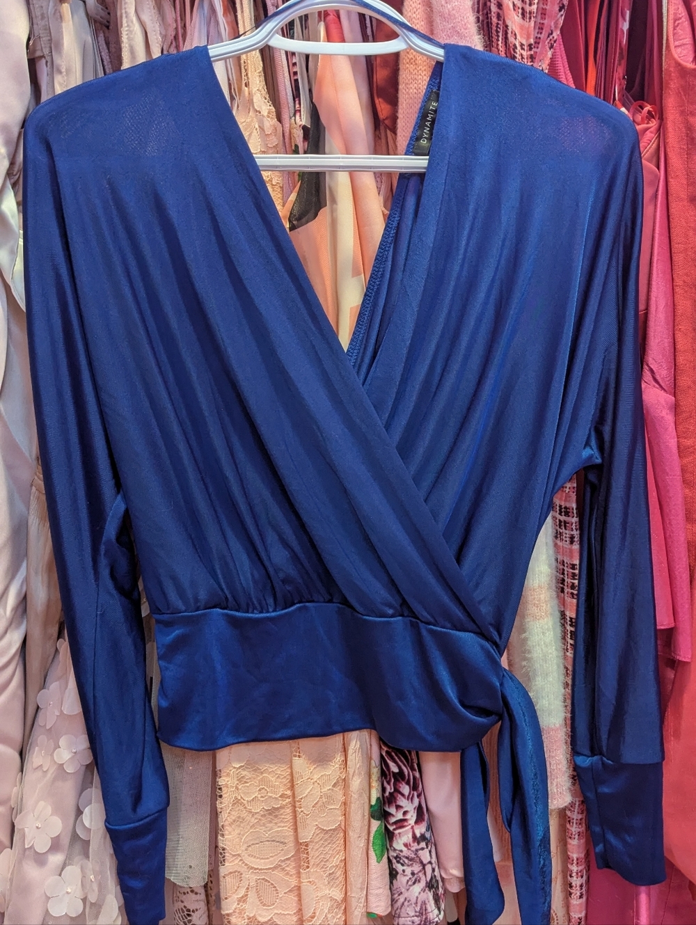 Dynamite Satin-Look Wrap Top Cinch Waist in Royal Blue